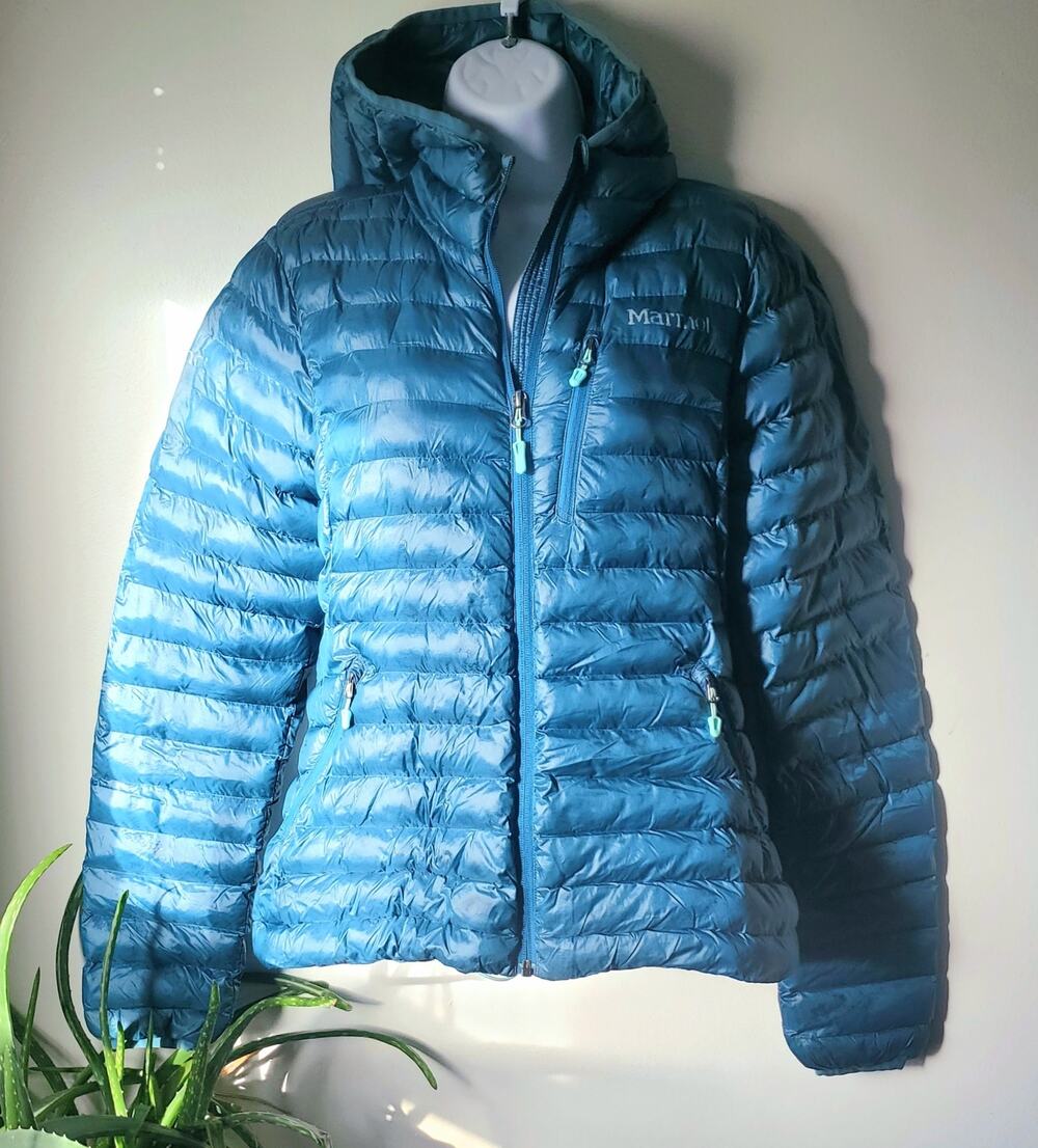 Marmot Blue Long Sleeve Hooded Puffer Jacket Womens Size Small Preppy Sporty